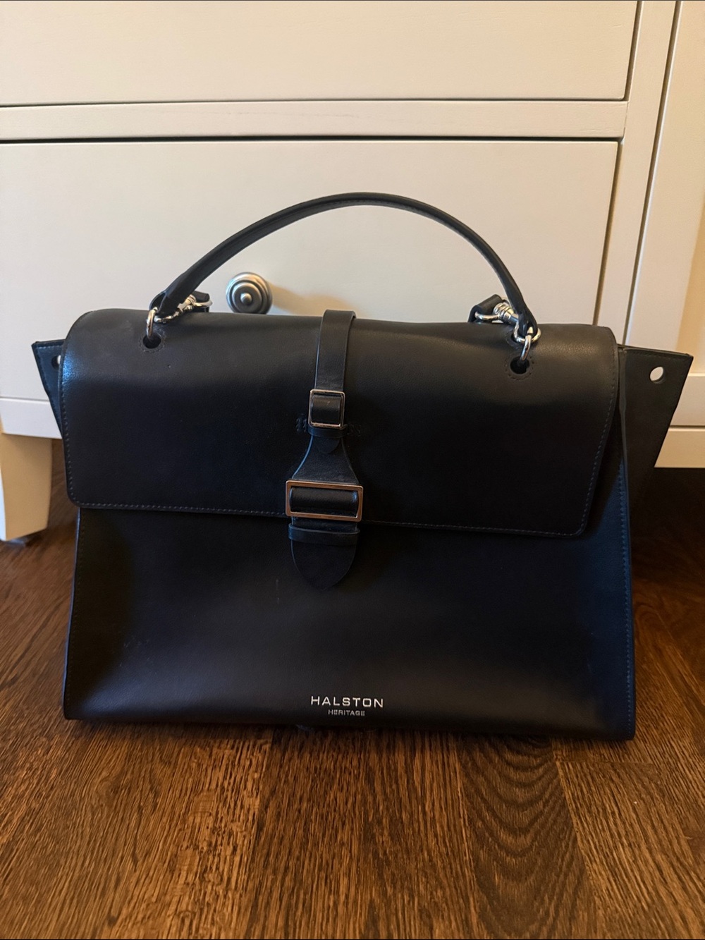 Halston Heritage Black Leather Top-Handle Briefcase with Buckle Detail